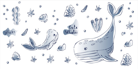 set of isolated cute whales, starfish and seaweed. hand-drawn in watercolor style. vector illustration, eps