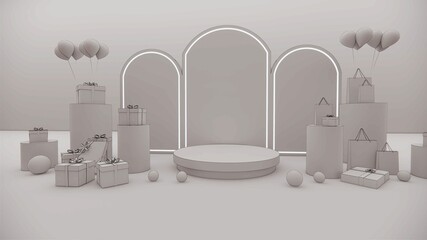  3D rendering. Minimalistic Christmas Background.Gifts boxes. Stand stage backdrop.Space for product. pastel colour.