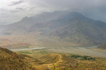 Spectacular view of Panj river valley border between Tajikistan and Afghanistan in Darvaz district, Gorno-Badakshan region, Tajikistan