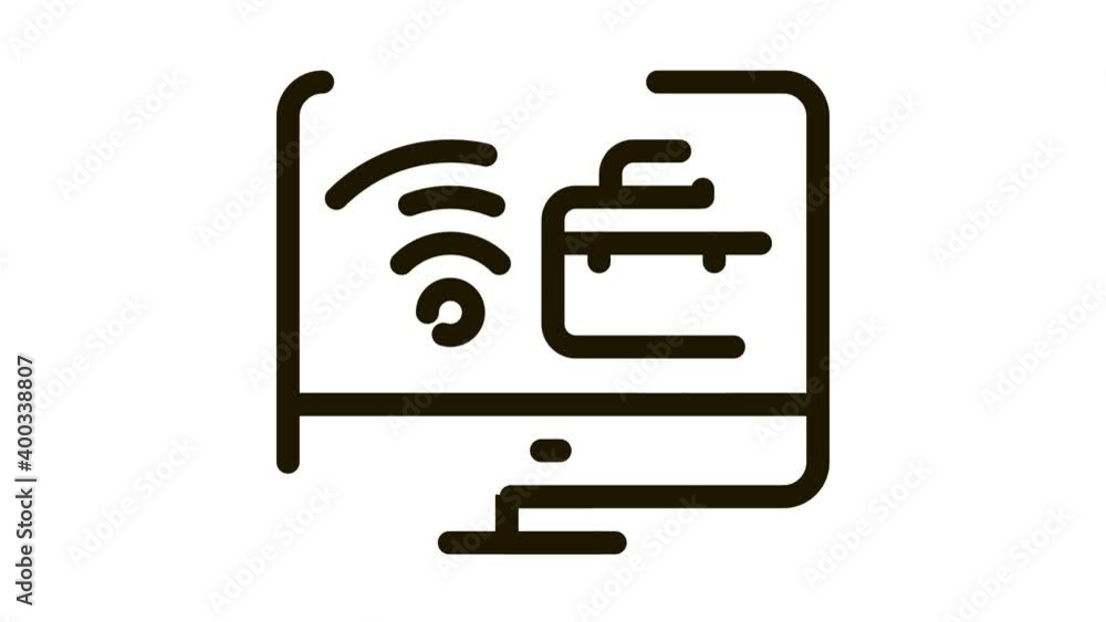 Poster wifi and business case on computer screen icon animation. black wifi and business case on computer s