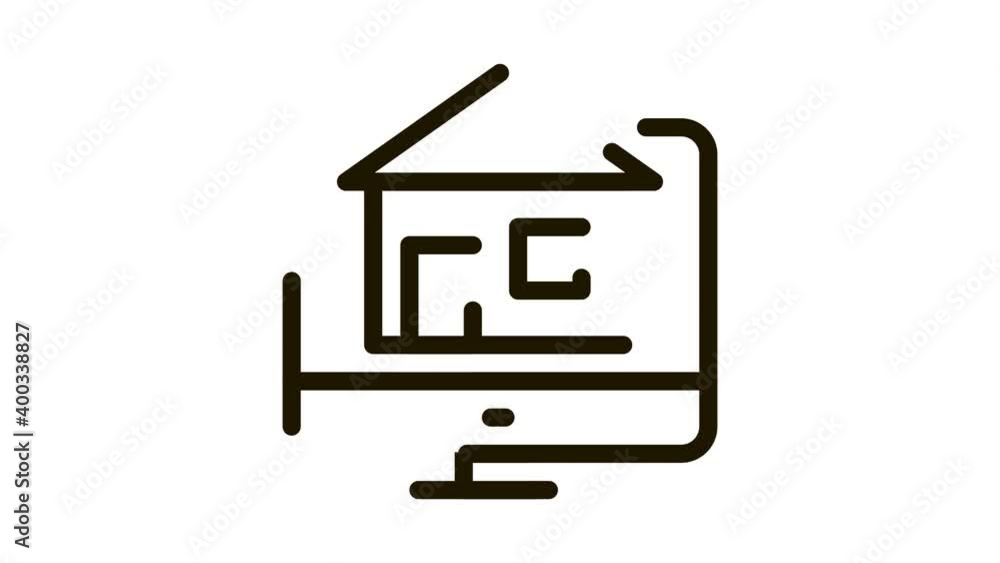 Poster house on computer display icon animation. black house on computer display animated icon on white bac