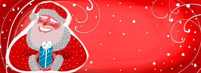hand drawn bright red cute festive christmas banner with smiling santa claus holding a gift in his hand. Red background with snowflakes, curls, place for text
