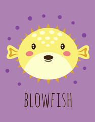 cartoon card with cute blowfish, vector illustration