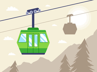 the cabin on the cable car rises along the mountainside. flat vector illustration. © PlutusART