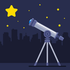 telescope observes a large yellow star. the discovery of a new planet. flat vector illustration.