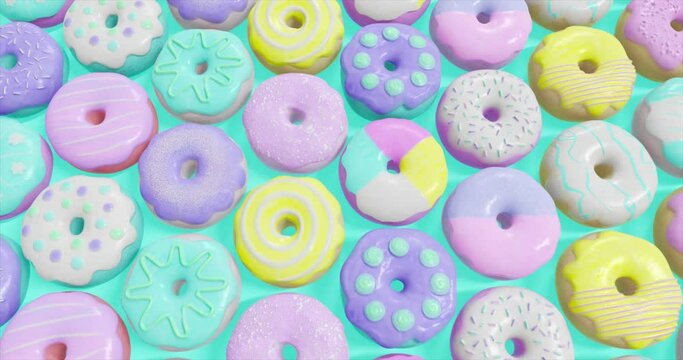 Minimal motion design. 3d vanilla donuts background. Fast food concept art. 4k video
