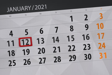 Obraz premium Calendar planner for the month january 2021, deadline day, 12, tuesday