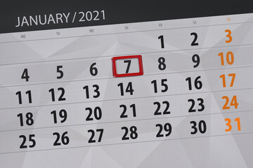Obraz premium Calendar planner for the month january 2021, deadline day, 7, thursday