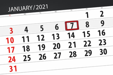 Fototapeta premium Calendar planner for the month january 2021, deadline day, 7, thursday