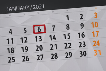 Obraz premium Calendar planner for the month january 2021, deadline day, 6, wednesday