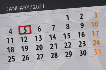 Fototapeta premium Calendar planner for the month january 2021, deadline day, 5, tuesday