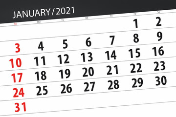 Calendar planner for the month January 2021, deadline day