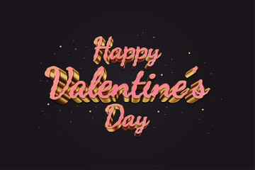 Happy Valentine's Day lettering with pink and gold text and gold ornaments spread on black background. Holiday gift card. Vector illustration