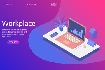 Data analysis. Chart on the computer. Workplace in isometric projection