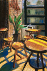 Pastel painting. An empty cafe filled with sunshine. Sunlight shining in, high contrast in the shadows of the table and chairs on the floor.