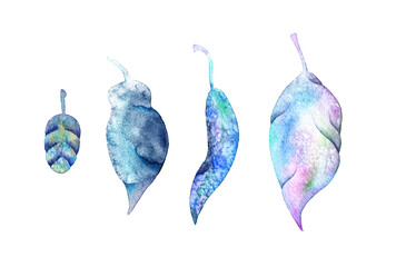 Blue textured leaves, watercolor painting. Set of 4 leaves.