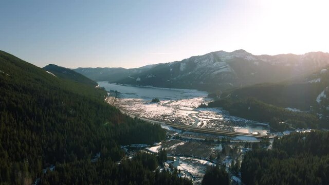 Keechelus Lake Aerial View with Early Winter Snow by Mountain Freeway