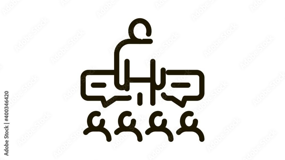 Poster lector discuss with audience icon animation. black lector discuss with audience animated icon on whi