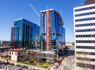 San Jose, CA – Mar 18, 2019: Downtown San Jose view of KT Properties’ Silvery Towers, a luxury residential development, under construction.