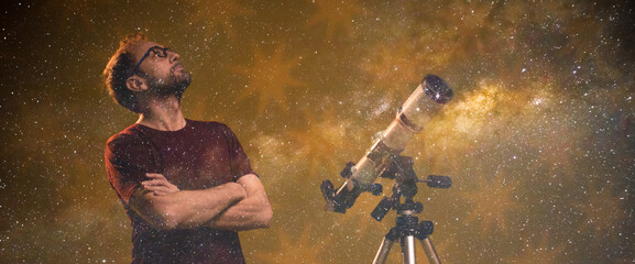 Amateur astronomer looking at the stars with a telescope. Astronomy and astrology concept.