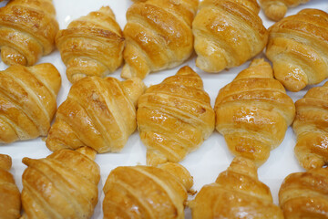 Close up of freshly baked croissants on a baking tray
