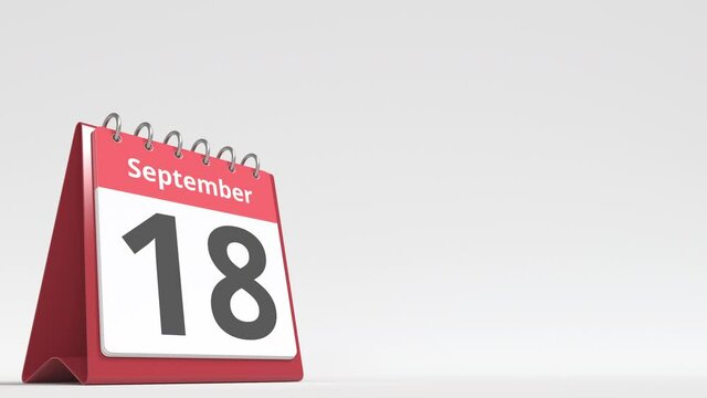 September 18 date on the flip desk calendar page, blank space for user text, 3d animation