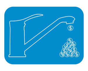 Dripping faucet money. Outline vector drawing, icon. Isolated outline illustration.
