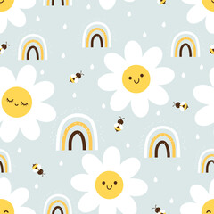 seamless pattern with bees, rainbows and daisy flower on pastel blue background vector illustration. Cute childish print.