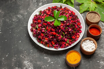 front view tasty vinaigrette beet salad with seasonings on dark background diet health meal