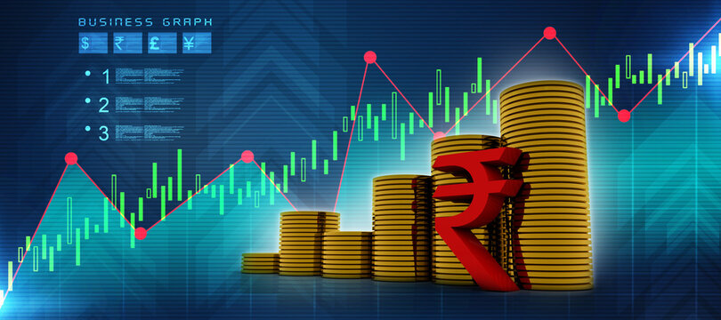 Rupee currency with gold coin . 3D rendering illustration
