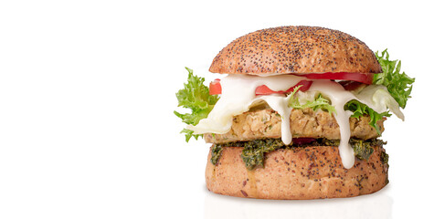 Vegan lentils burger with vegetables on white background. Isolated