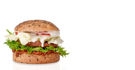 Vegan lentils burger with vegetables on white background. Isolated