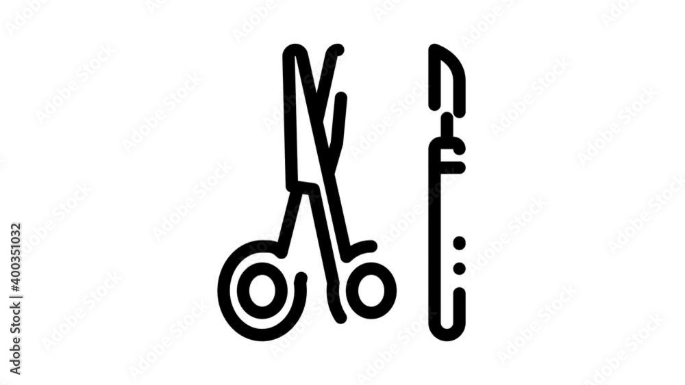 Poster surgical scalpel and scissors icon animation. black surgical scalpel and scissors animated icon on w