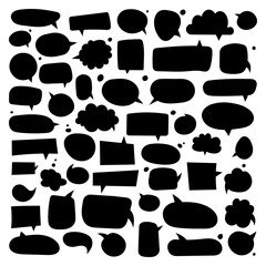Big set of dialog boxes different variants drawn by hand. Vector flat illustrations. Collection black doodle for talk, dialogue, decoration on white background
