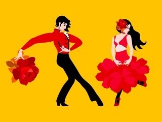 Young man and woman in love. Flamenco, tango, latina dancers. Date. People isolated on yellow background.