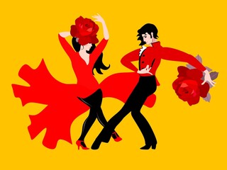 A young woman, dressed in a red dress and a rose-shaped hat, and a young man, dressed in a traditional Spanish costume, with a large rose in hand, are dancing flamenco.