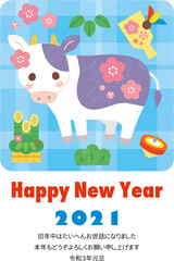 2021年賀状＿手描き牛のブルー系チェック