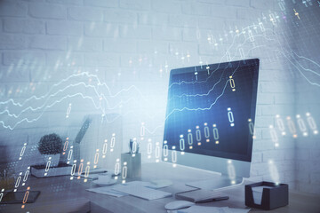 Double exposure of stock market graph drawing and office interior background. Concept of financial analysis.