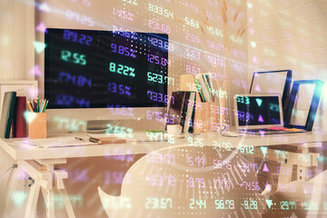 Double exposure of financial graph drawing and office interior background. Concept of stock market.