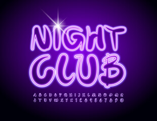 Vector glowing logo Night Club. Artistic style Font. Purple neon Alphabet Letters and Numbers set