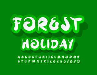 Vector vacation emblem Forest Holiday. Green and White sticker Font. Artistic Alphabet Letters and Numbers set