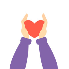 Hands holding a heart on a white isolated background.  illustration in flat style.