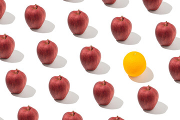 Creative concept trendy sunlight summer pattern of the red apple. Minimal summer concept on white background.