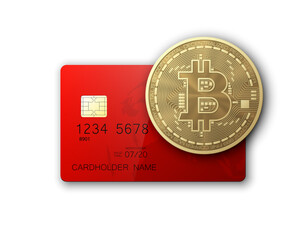 Credit card HUD Golden bitcoin. Digital currency money. Technology credit card bitcoin mining worldwide. Web banner golden bitcoin plastic card. Physical bit coin. Cryptocurrency electronic coin money