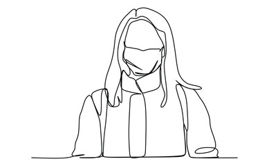 A girl in protective surgical mask to prevent virus infection. Continuous one line drawing