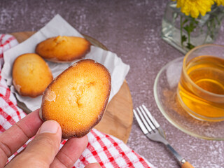 Hand holding a piece of madeleine on lemon glaze madeleines on a plate with a cup of tea placed on a gray stone background. Madeleine - homemade traditional French small cookie
