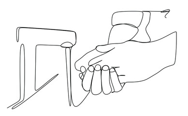 Cleaning hands using soap at sink to prevent virus infection. Continuous one line drawing