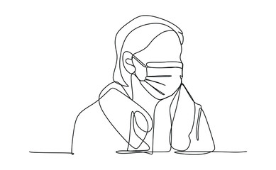 Young woman in protective surgical mask prevent the virus infection. Continuous one line drawing