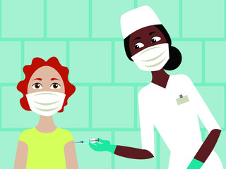 Obraz premium Vector illustration - a female doctor making a patient a coronavirus vaccine in the arm at the clinic. Concept stop covid.