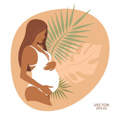 vector illustration depicting a pregnant girl. pregnancy. pregnant girl on the background of tropical plants. flat. wind silhouette pregnant